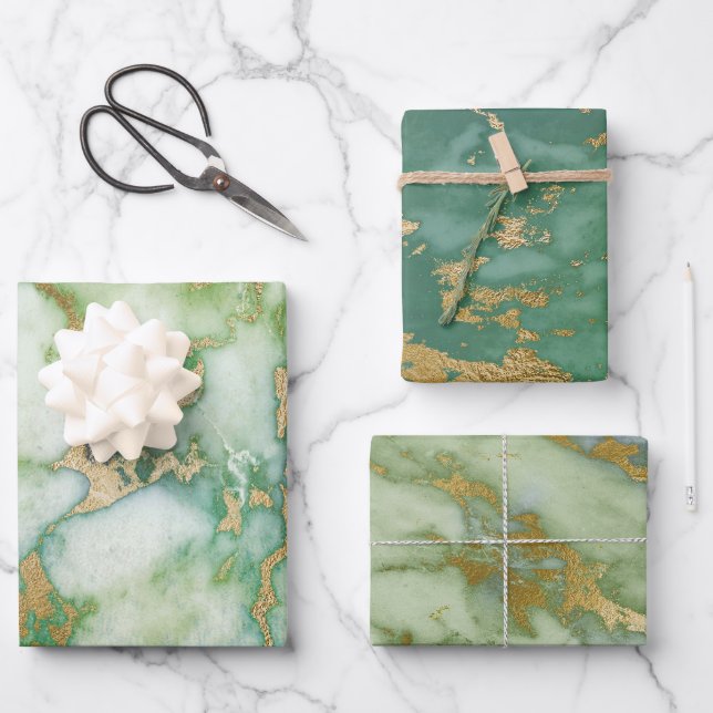 Feuille De Papier Cadeau Marbre vert et or (Recto)