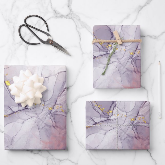 Feuille De Papier Cadeau Marbre violet et or (Recto)