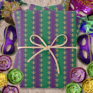 Feuille De Papier Cadeau Mardi Gras Gold Fleur-De-Lis sur violet et vert