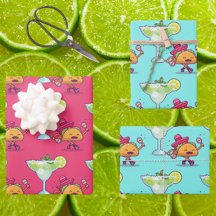 Feuille De Papier Cadeau Margaritas et Tacos Anniversaire rose et bleu