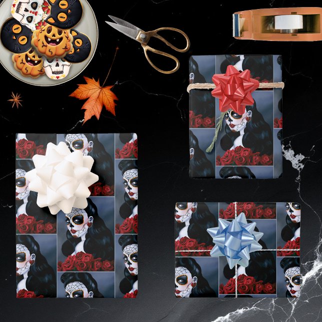 Feuille De Papier Cadeau Maria Sugar SKull Roses rouges (Créateur téléchargé)