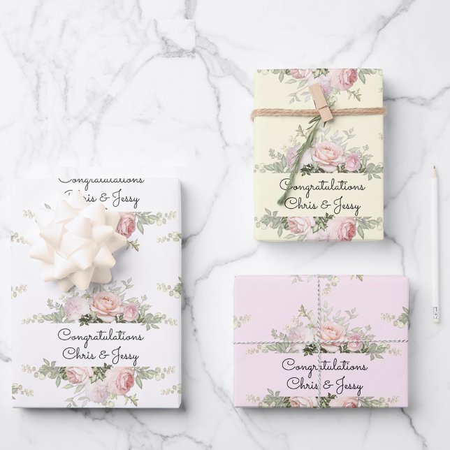 Feuille De Papier Cadeau Mariage Ajouter des noms Soft Rose Roses 3 Cadeau (Créateur téléchargé)