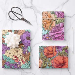 Feuille De Papier Cadeau Mariage Anniversaire Floral Bohème Rétro