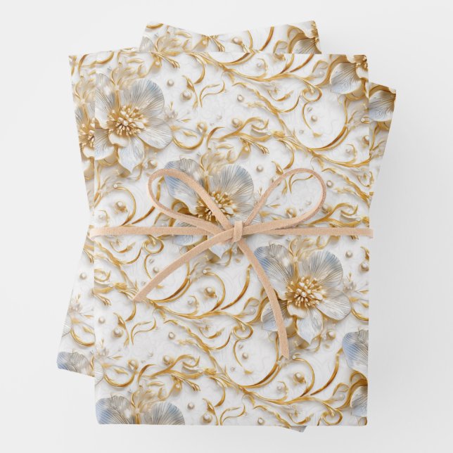 Feuille De Papier Cadeau Mariage blanc motif floral élégant or fleur (En situation)