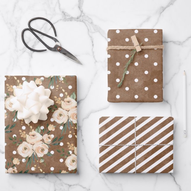 Feuille De Papier Cadeau Mariage Brown beige floral (Recto)