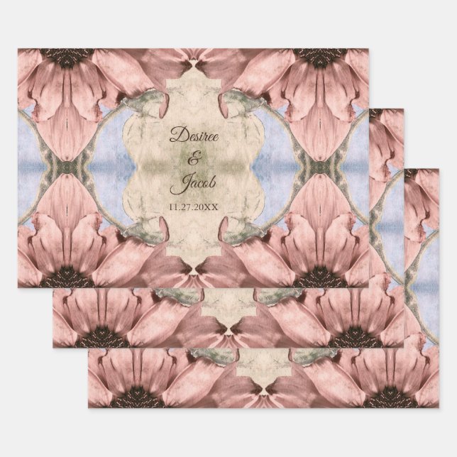 Feuille De Papier Cadeau Mariage d'aquarelle couleur rose pâle doré Rose fl (Lot)