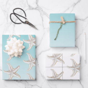 Feuille De Papier Cadeau Mariage de plage étoile de mer bleu aqua blanc or 