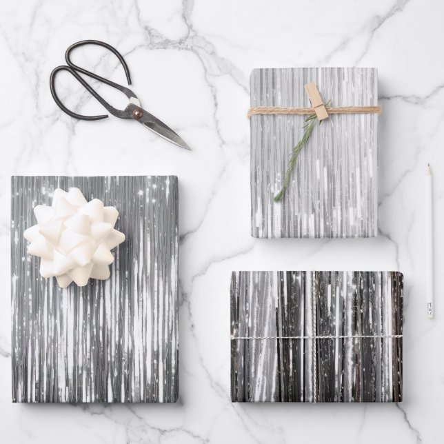 Feuille De Papier Cadeau Mariage de rayures en argent Glam (Recto)