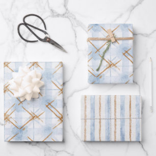 Feuille De Papier Cadeau Mariage Doré Bleu et Blanc à Rayures