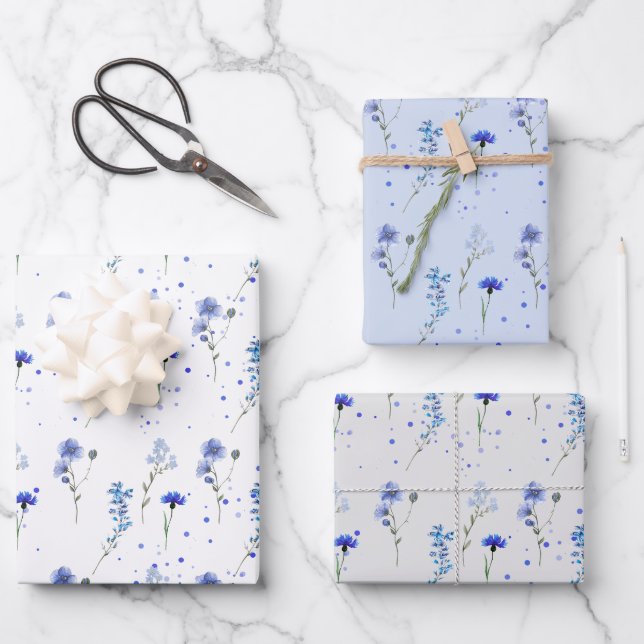 Feuille De Papier Cadeau Mariage Fleur Sauvage Bleu Eau  (Recto)
