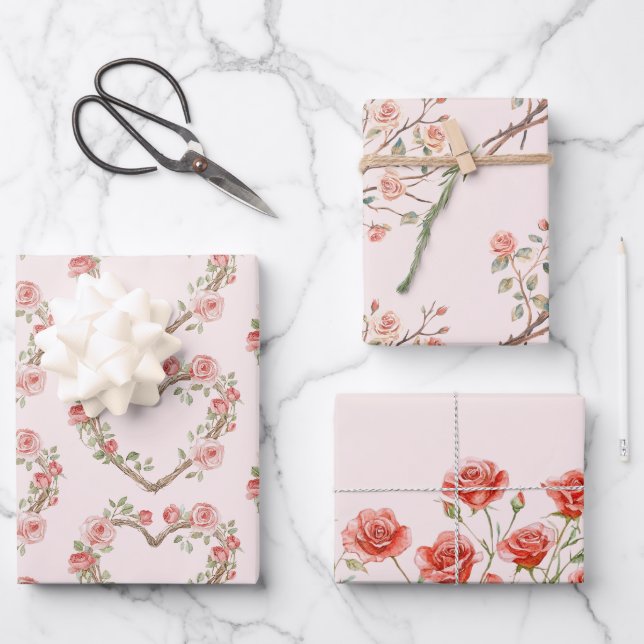 Feuille De Papier Cadeau Mariage Fleuris Coeur Rose Rouge Romantique Rose P (Recto)