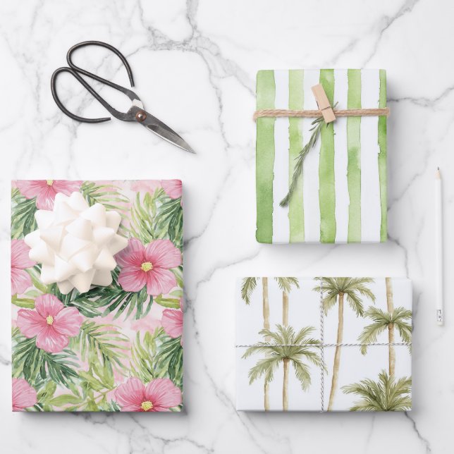 Feuille De Papier Cadeau Mariage Fleurs Roses Tropicales Rayures Vertes (Recto)