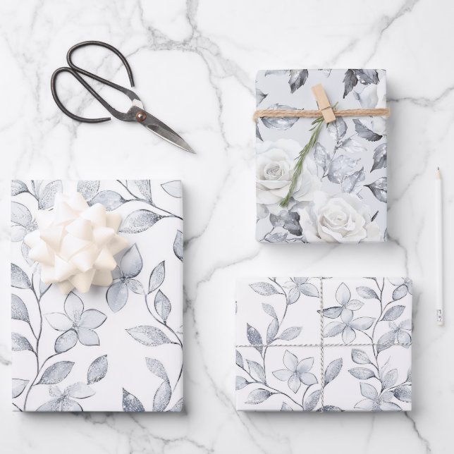 Feuille De Papier Cadeau Mariage floral blanc argenté (Recto)