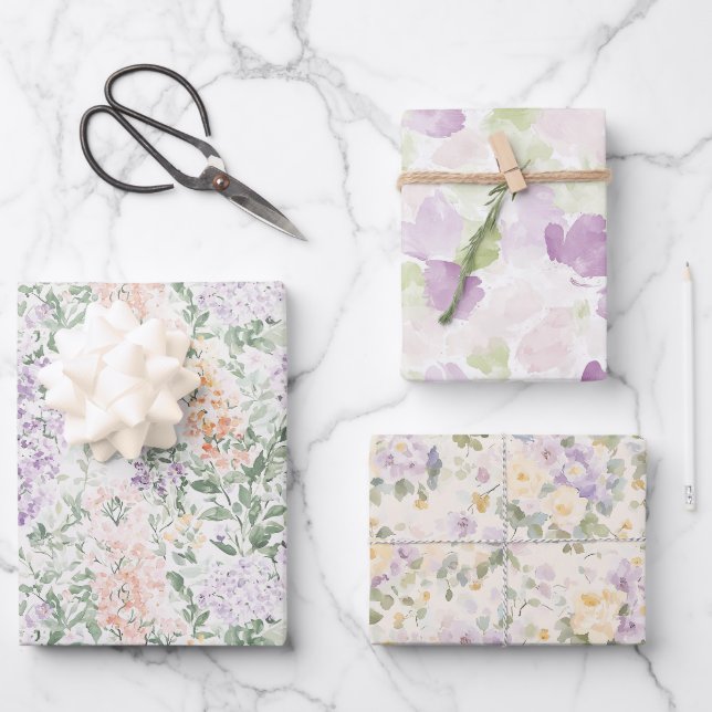Feuille De Papier Cadeau Mariage floral Chic Peach Lavender (Recto)