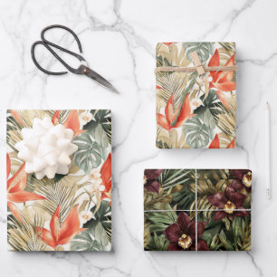 Feuille De Papier Cadeau Mariage Floral d'Anthurium Orange Tropical et d'Or