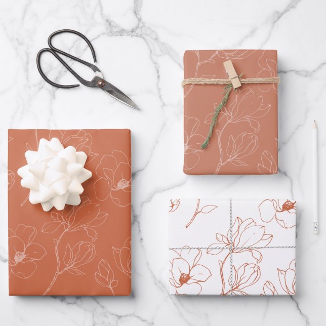 Feuille De Papier Cadeau Mariage floral en terre cuite moderne (Recto)