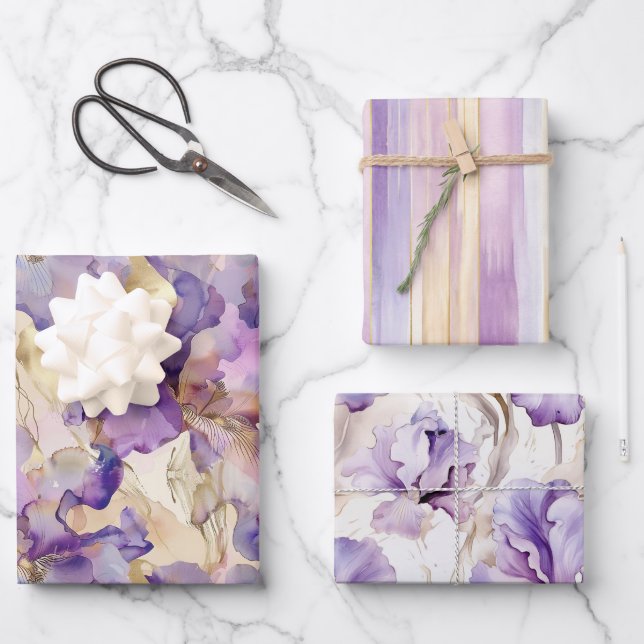Feuille De Papier Cadeau Mariage Floral Iris Violet Romantique (Recto)