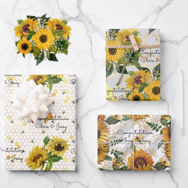 Feuille De Papier Cadeau Mariage Sunflowers & Bees Ajouter des noms 3 Cadea (Créateur téléchargé)