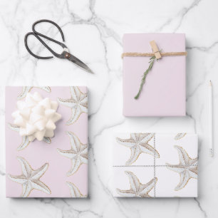 Feuille De Papier Cadeau Mariage sur la Plage Rose Pâle Étoile de Mer Dorée