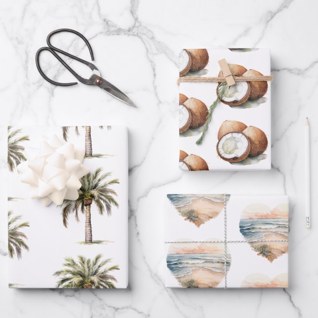 Feuille De Papier Cadeau Mariage tropical Aloha plage aux cocotiers et aux  (Recto)
