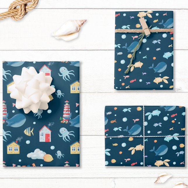 Feuille De Papier Cadeau Marine Baleine bleue Nautique (Cute Nautical Gift Wrap for Birthdays or Baby Showers)