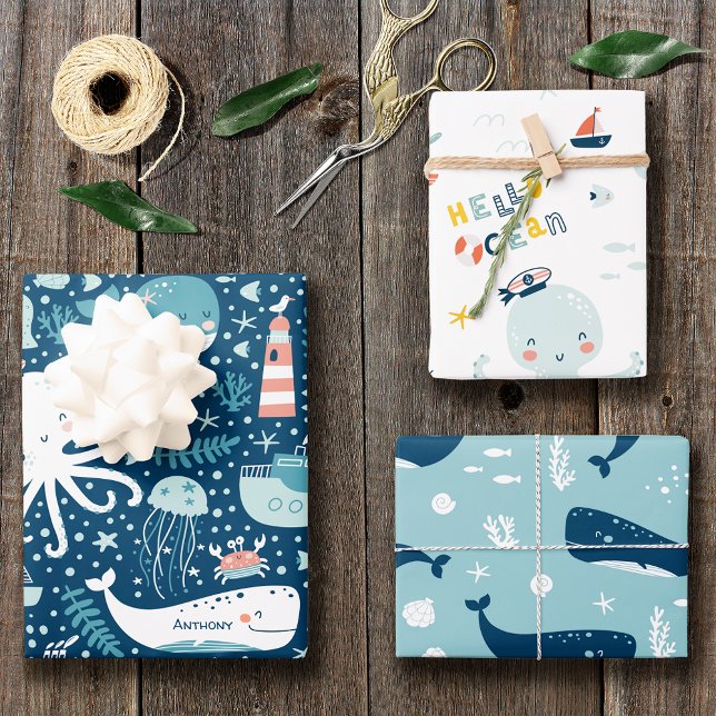 Feuille De Papier Cadeau Marine Bleu et blanc Motif de l'océan marin (Créateur téléchargé)