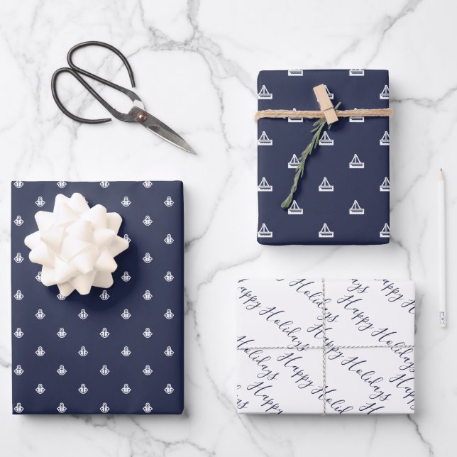 Feuille De Papier Cadeau Marine marine et blanc (Recto)