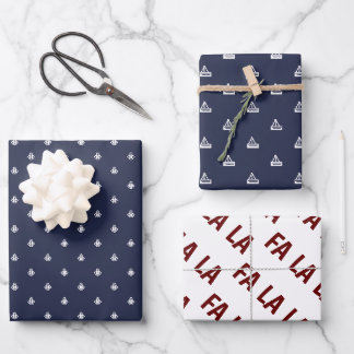 Feuille De Papier Cadeau Marine Nautique et Blanc Fa La La La Wrapping Papi