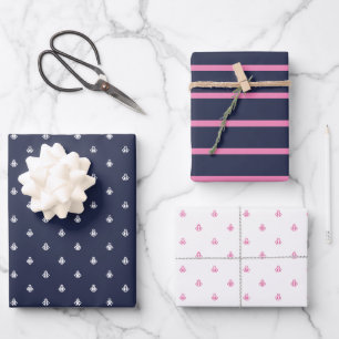 Feuille De Papier Cadeau Marine nautique et rose
