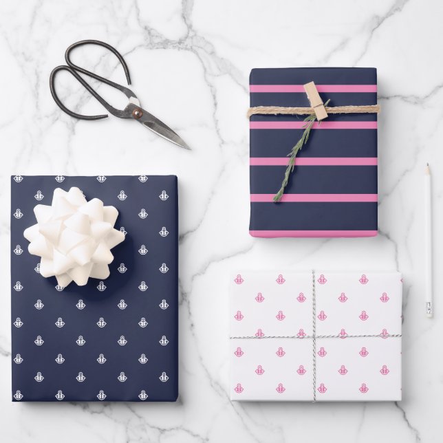 Feuille De Papier Cadeau Marine nautique et rose (Recto)