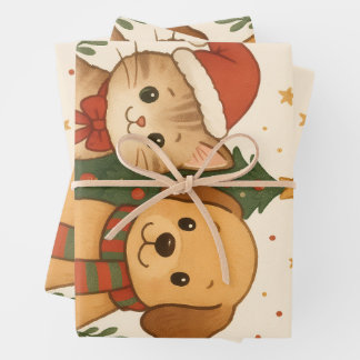Feuille De Papier Cadeau Marionnette et chaton Noël Cheval