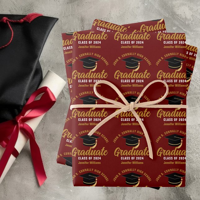 Feuille De Papier Cadeau Maroon Gold Graduate Custom 2025 Graduation Party (Créateur téléchargé)