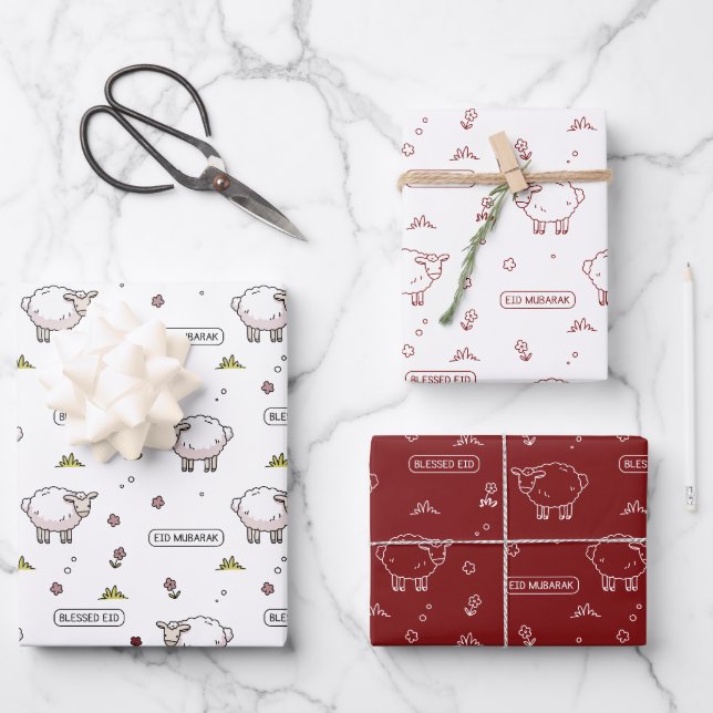 Feuille De Papier Cadeau Maroon Rouge Mouton Aïd Moubarak Enfants (Recto)
