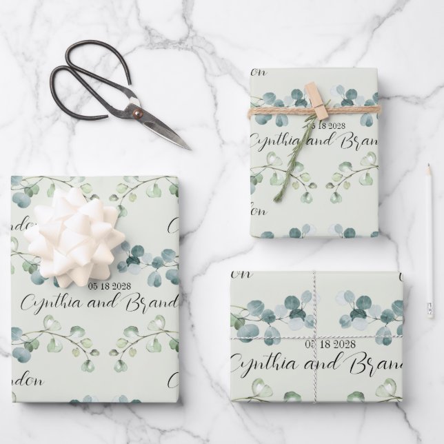 Feuille De Papier Cadeau Marque Mariage Sage Green Eucalyptus Sprigs (Recto)