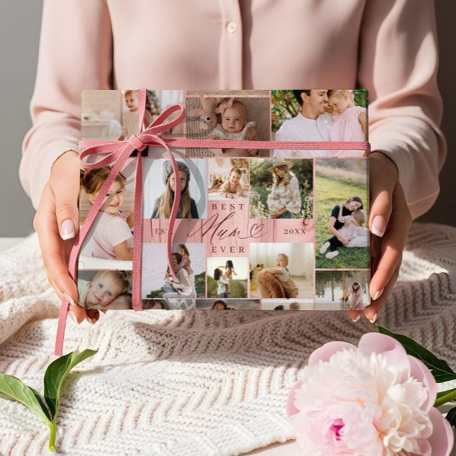 Feuille De Papier Cadeau Meilleure maman Jamais Famille Photo Collage Pink  (Best Mum Ever Family Photo Collage Pink Woodgrain Wrapping Paper Sheets)