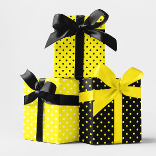 Feuille De Papier Cadeau Mélange de points Polka jaune et noir et blanc