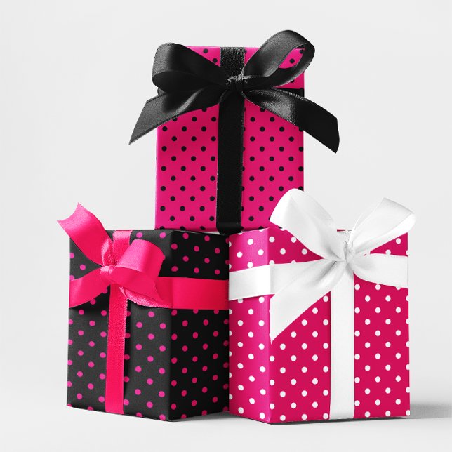 Feuille De Papier Cadeau Mélange de points Polka noir et rose chaud (Black and Hot Pink Small Polka Dot Wrapping Paper)