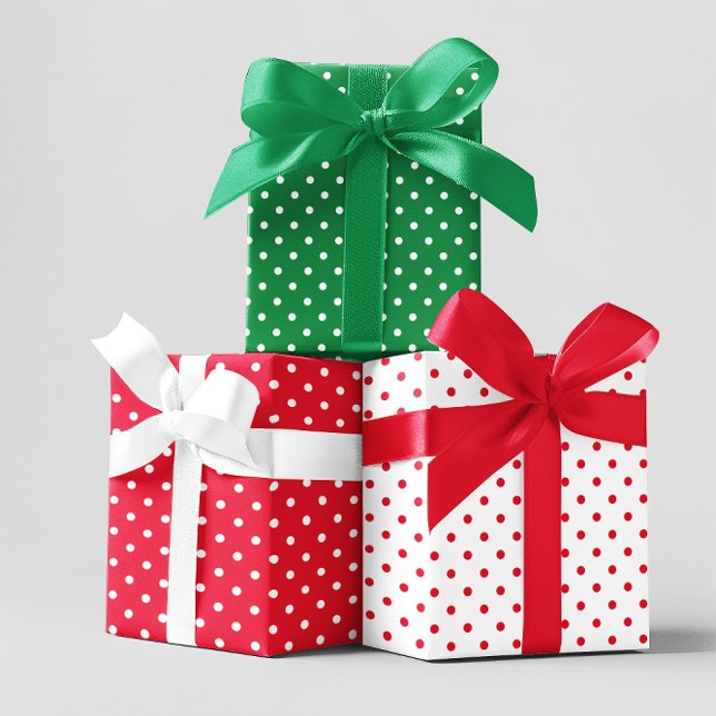 Feuille De Papier Cadeau Mélange de points Polka vert rouge et blanc (Green Red and White Holiday Polka Dot Mix Wrapping Paper Sheets)