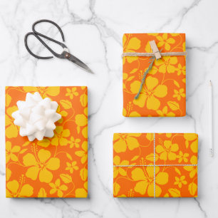 FEUILLE DE PAPIER CADEAU MÉLANGE ORANGE HULA HAWAIEN (HIBISCUS)