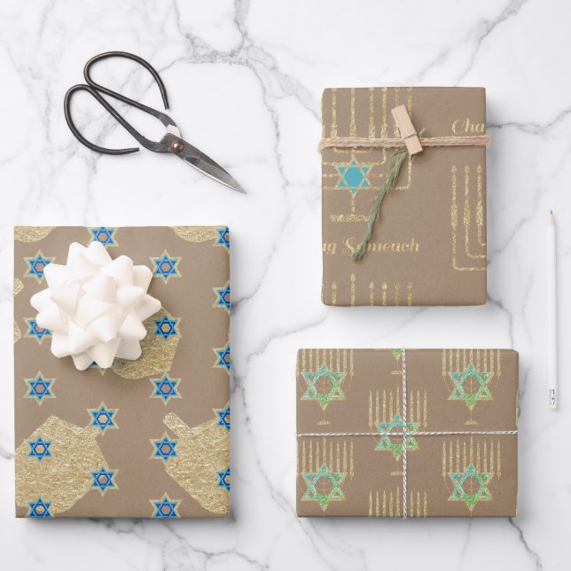 Feuille De Papier Cadeau Menorahs Dreidels Kraft Hanoukka (Recto)