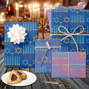 Feuille De Papier Cadeau Menorahs et étoiles Hanoukka moderne bleu violet o