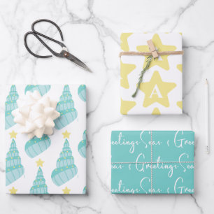 Feuille De Papier Cadeau Mer côtière et Coquille de voeux avec initial