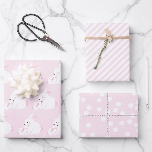 Feuille De Papier Cadeau Mère mignonne et petite fille lapin | Rose (Recto)
