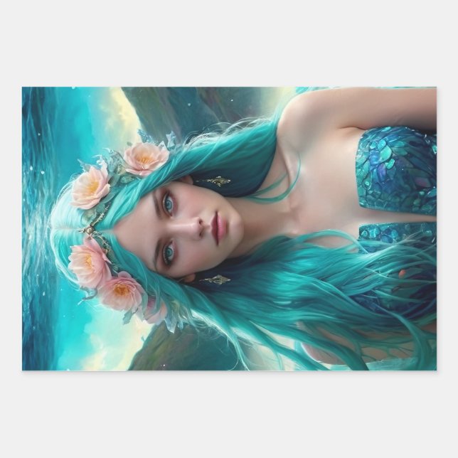 Feuille De Papier Cadeau Mermaid Trio Decoupage Gift Wrap (Devant)