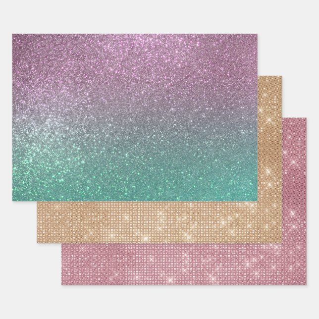 Feuille De Papier Cadeau Mermaid vert rose Parties scintillant étincelante  (Lot)