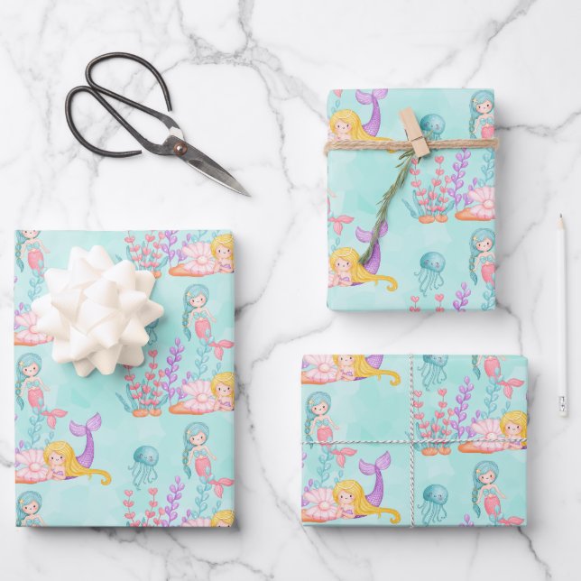 Feuille De Papier Cadeau Mermaids et méduses sous l'aquarelle marine (Recto)
