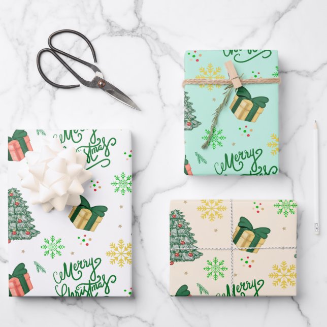 Feuille De Papier Cadeau Merry Christmas Gift–Festive Tree & Present  (Recto)