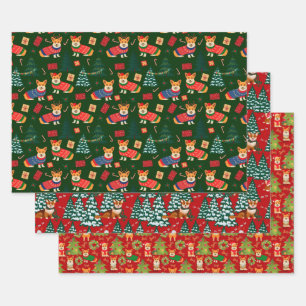 Feuille De Papier Cadeau Merry Corgmess - Christmas Corgi motifs 3 couleurs