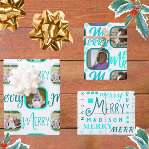 Feuille De Papier Cadeau MERRY Script Turquoise Sur Blanc 4 Photo Noël