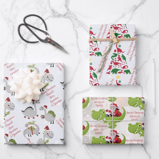 Feuille De Papier Cadeau Message personnalisé modèle dinosaure Noël (Recto)